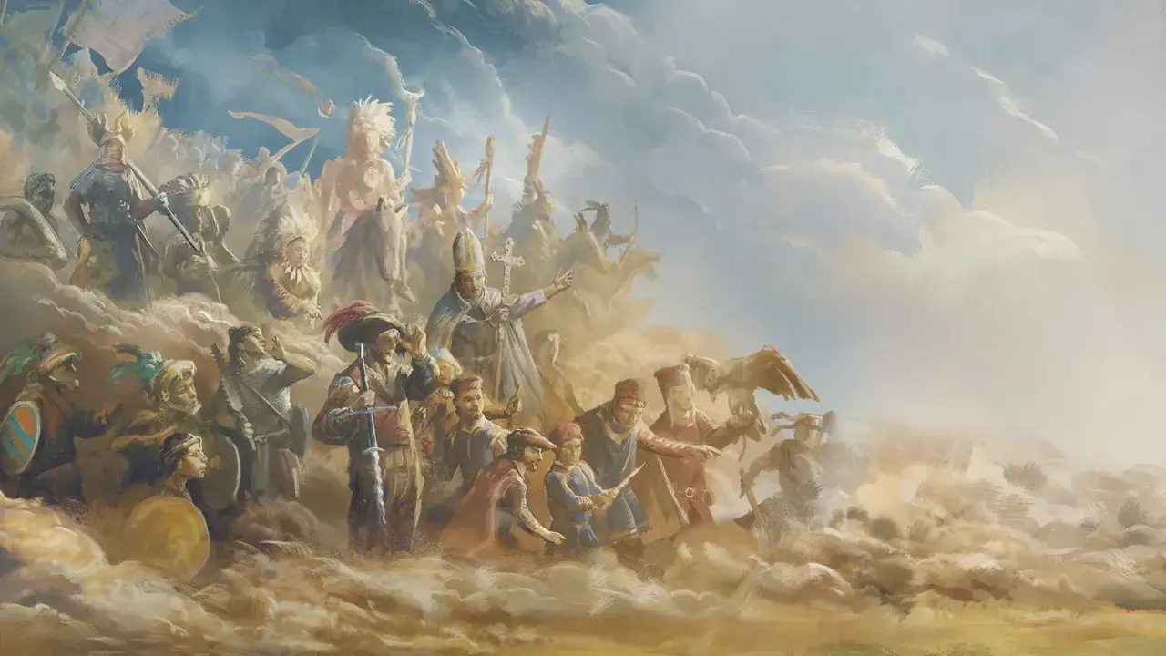 Papież błogosławi armię w chmurach, symbolizującą epokę Europa Universalis II. Widać żołnierzy, wojowników z pióropuszami i orła.