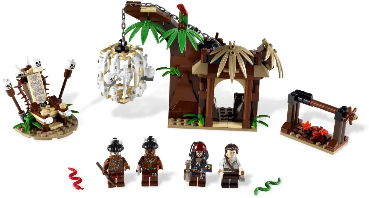 Lego piraci z Karaibów: plemienna wioska z klatką, tronem, ogniskiem i postaciami.