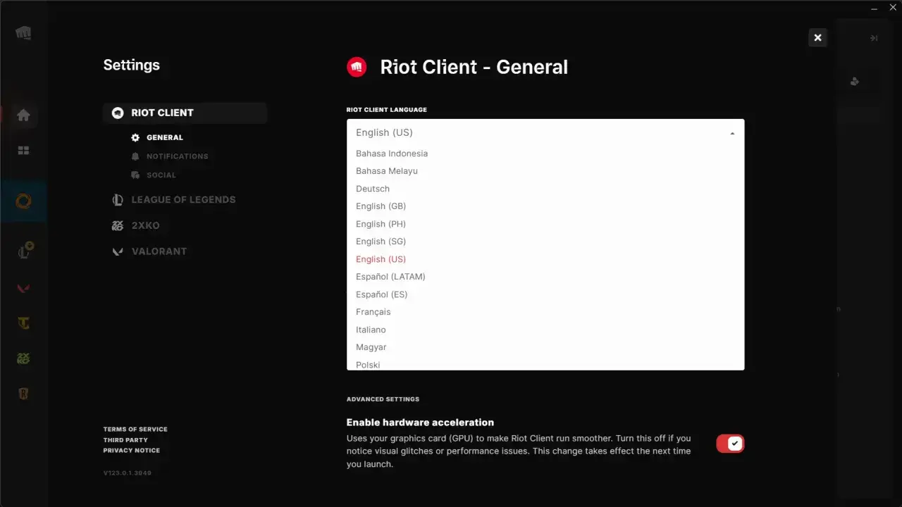 Ustawienia klienta Riot, gdzie można zmienić język gry, np. jak zmienić język League of Legends na polski.