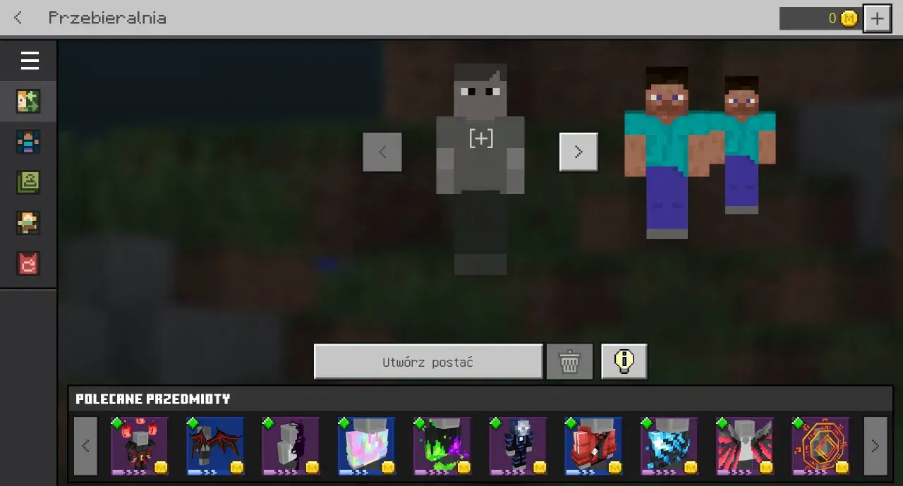 Przymierzanie skina w grze Minecraft. Zobacz, jak ustawić skina na TLauncher, wybierając spośród dostępnych postaci i przedmiotów.