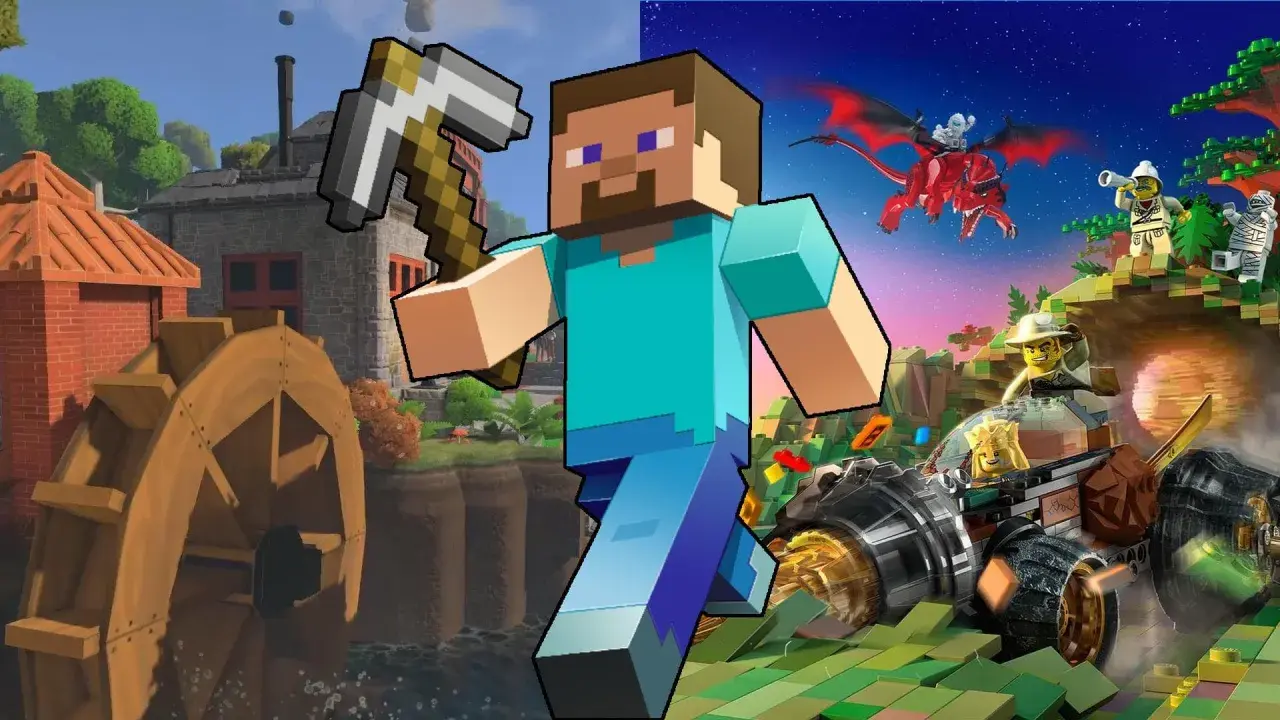 Steve z kilofem w ręku, obok budowli i wodnego koła, a po drugiej stronie smoki i pojazdy z klocków. Gry podobne do Minecraft.