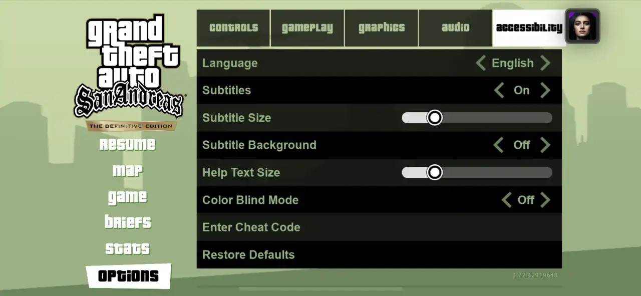 Menu opcji w GTA San Andreas. Można tu zmienić ustawienia, w tym wpisać gta san andreas kod.