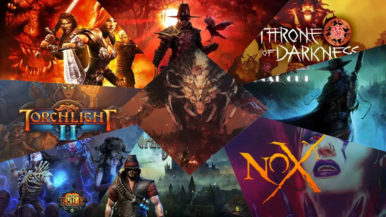 Kolaż z grafik z gier typu hack and slash: Torchlight II, Path of Exile, Throne of Darkness, Nox i inne.