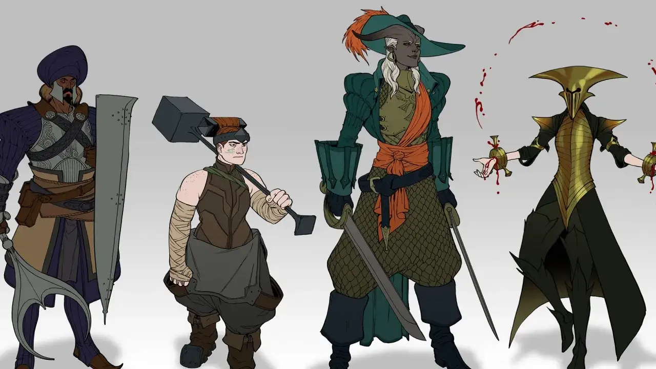 Postacie z Dragon Age: Inkwizycja: wojownik w purpurowym stroju, krasnolud z młotem, elfka w zielonym fraku i tajemnicza postać w złotej zbroi.