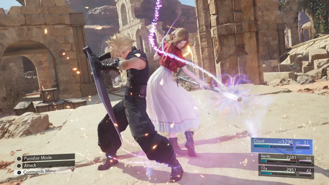 Cloud i Aerith walczą w Final Fantasy VII Rebirth, używając magicznych ataków w starożytnych ruinach.