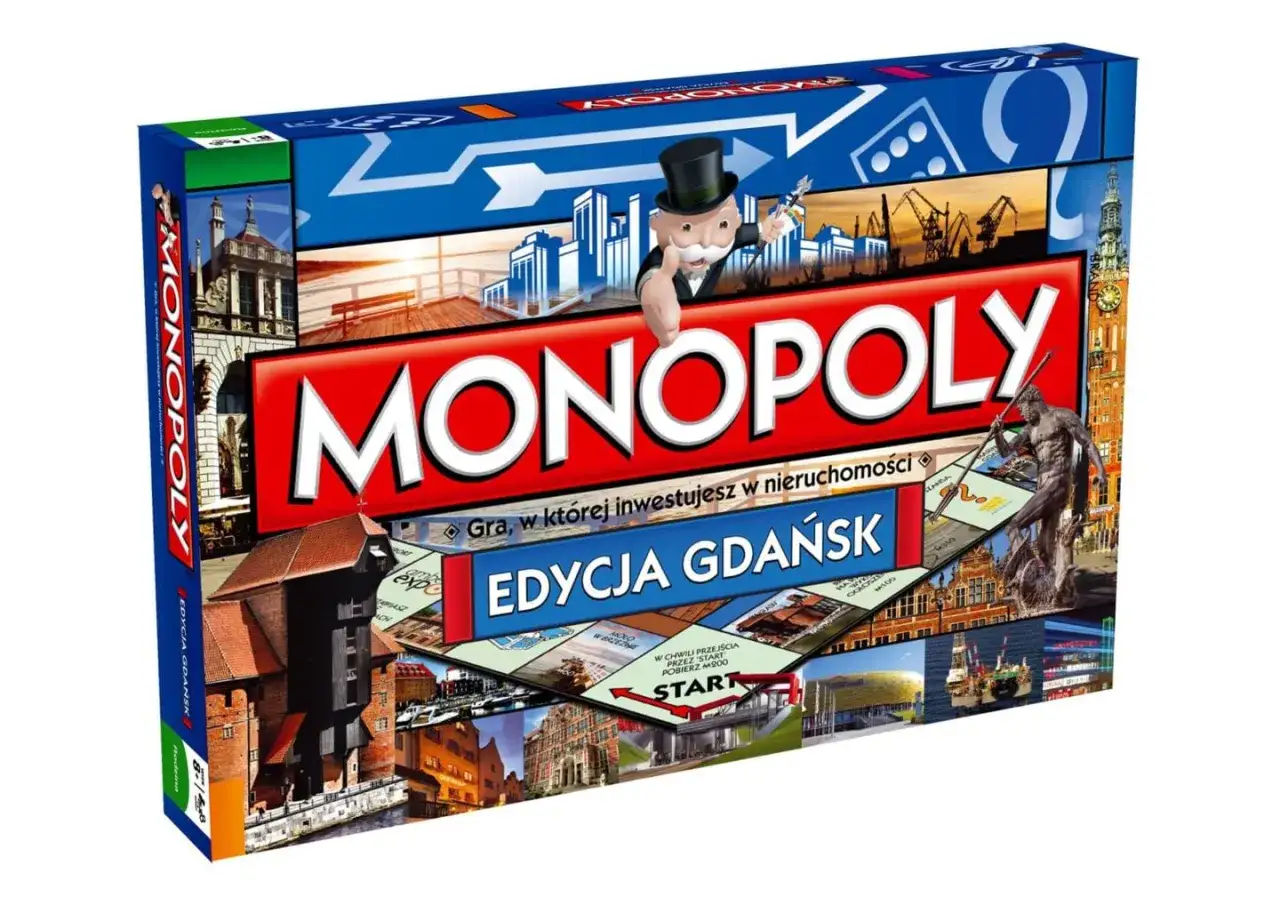 Monopoly Polska: Edycja Gdańsk. Gra planszowa z widokami miasta i charakterystycznymi budowlami.