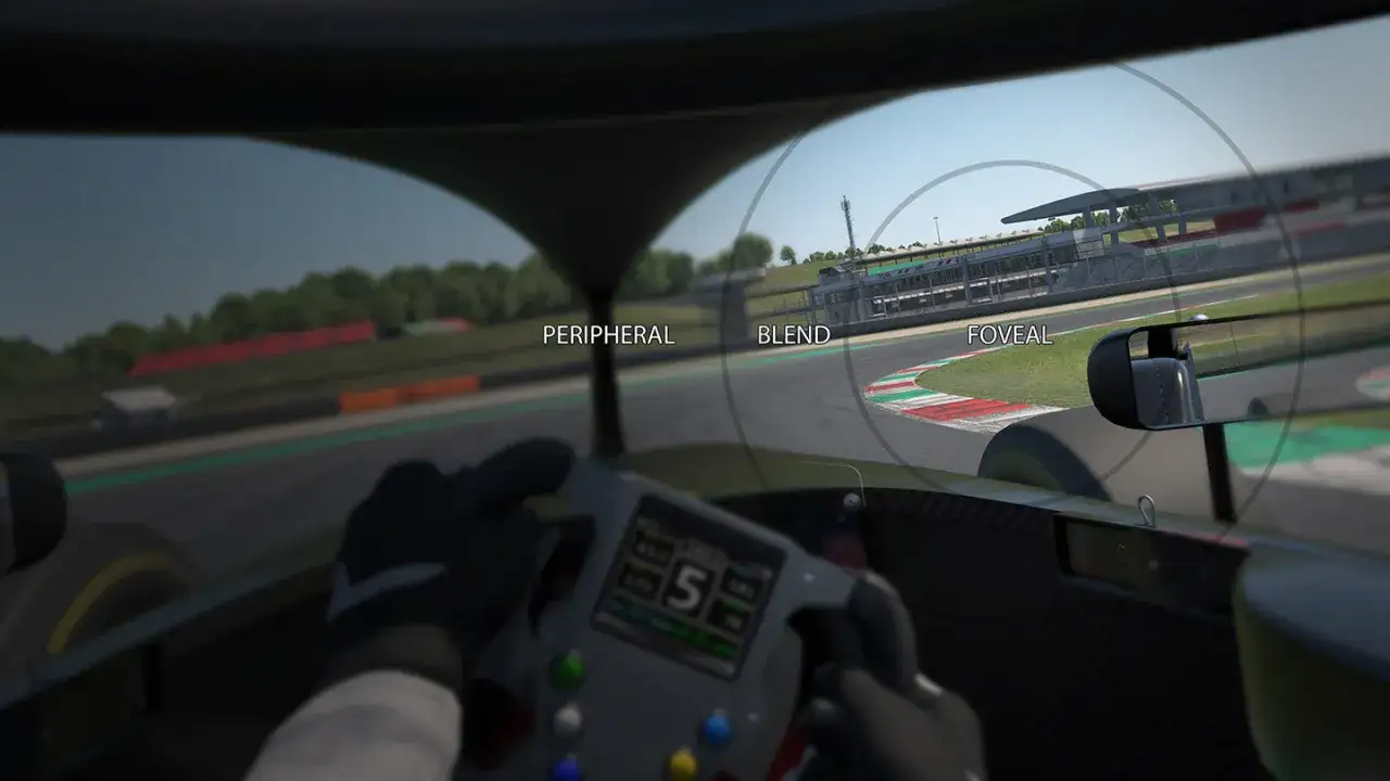 Widok z kokpitu bolidu wyścigowego w grze Assetto Corsa Evo. Widać kierownicę, wyświetlacz i fragment toru wyścigowego z trybami widzenia: PERIPHERAL, BLEND, FOVEAL.