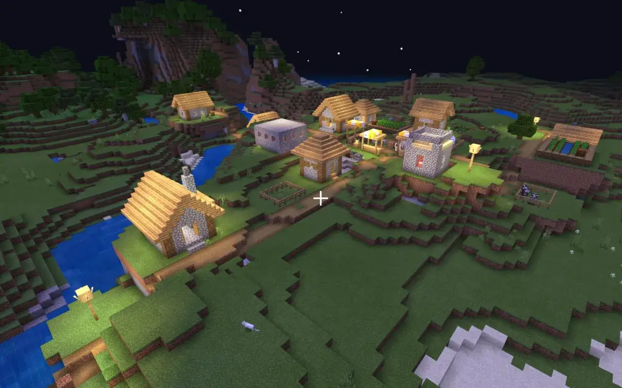 Nocna wioska w Minecraft, pełna domków i ścieżek. Idealne miejsce do tworzenia własnych kodów do Minecraft.