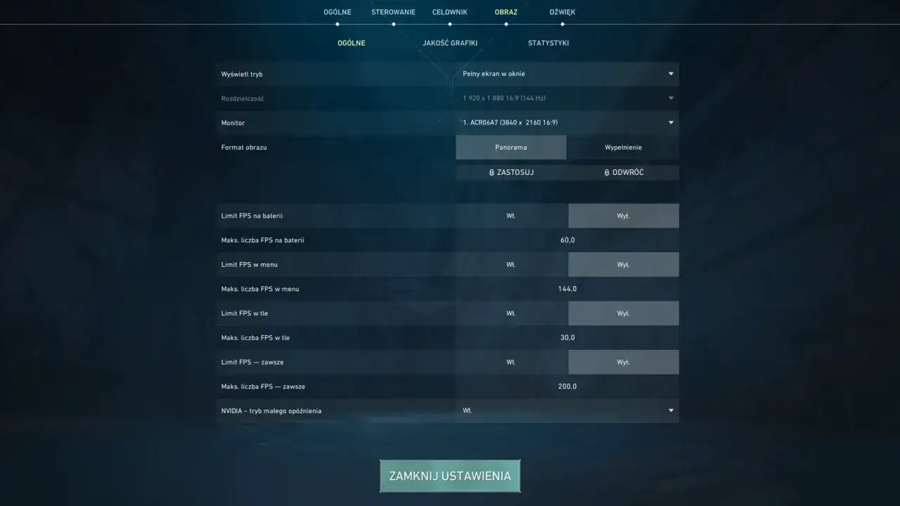 Ustawienia gry pokazują opcje jak zwiększyć FPS na telefonie, w tym limity klatek na sekundę w menu i w tle.