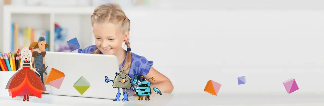 Uśmiechnięta dziewczynka z warkoczami uczy się na laptopie. Obok niej bajkowe postacie i kolorowe bryły. Czas na naukę i zabawę, graj po polsku!