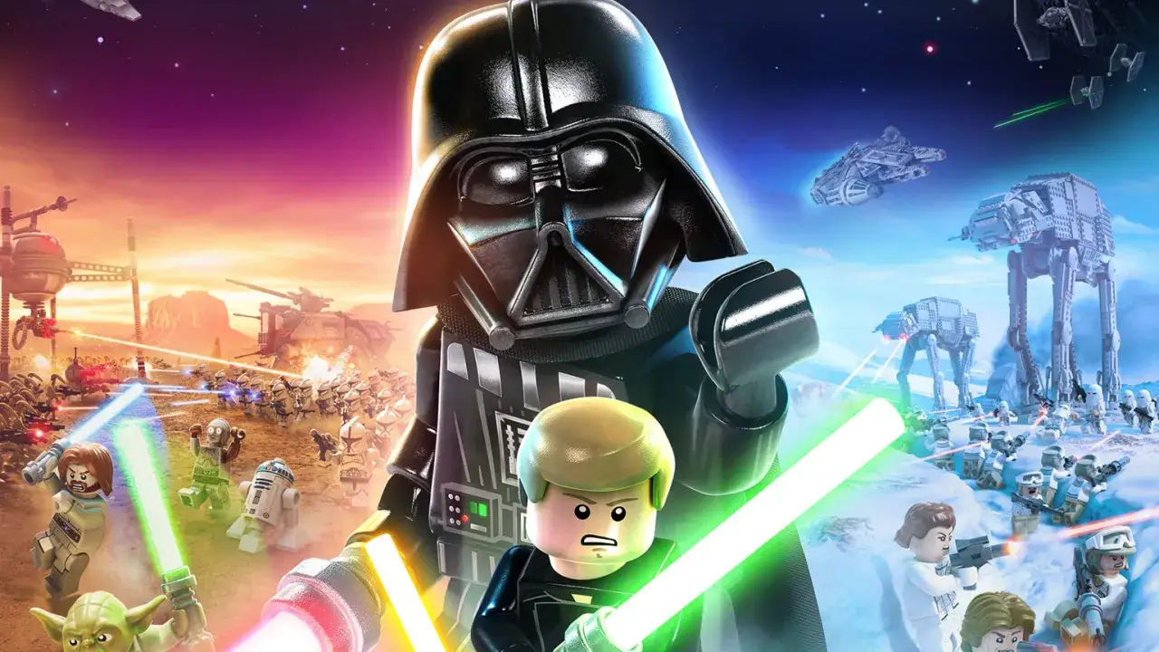 Darth Vader i Luke Skywalker w grach Star Wars, otoczeni przez armie klonów i szturmowców, walczą na pustyni i śnieżnej planecie.