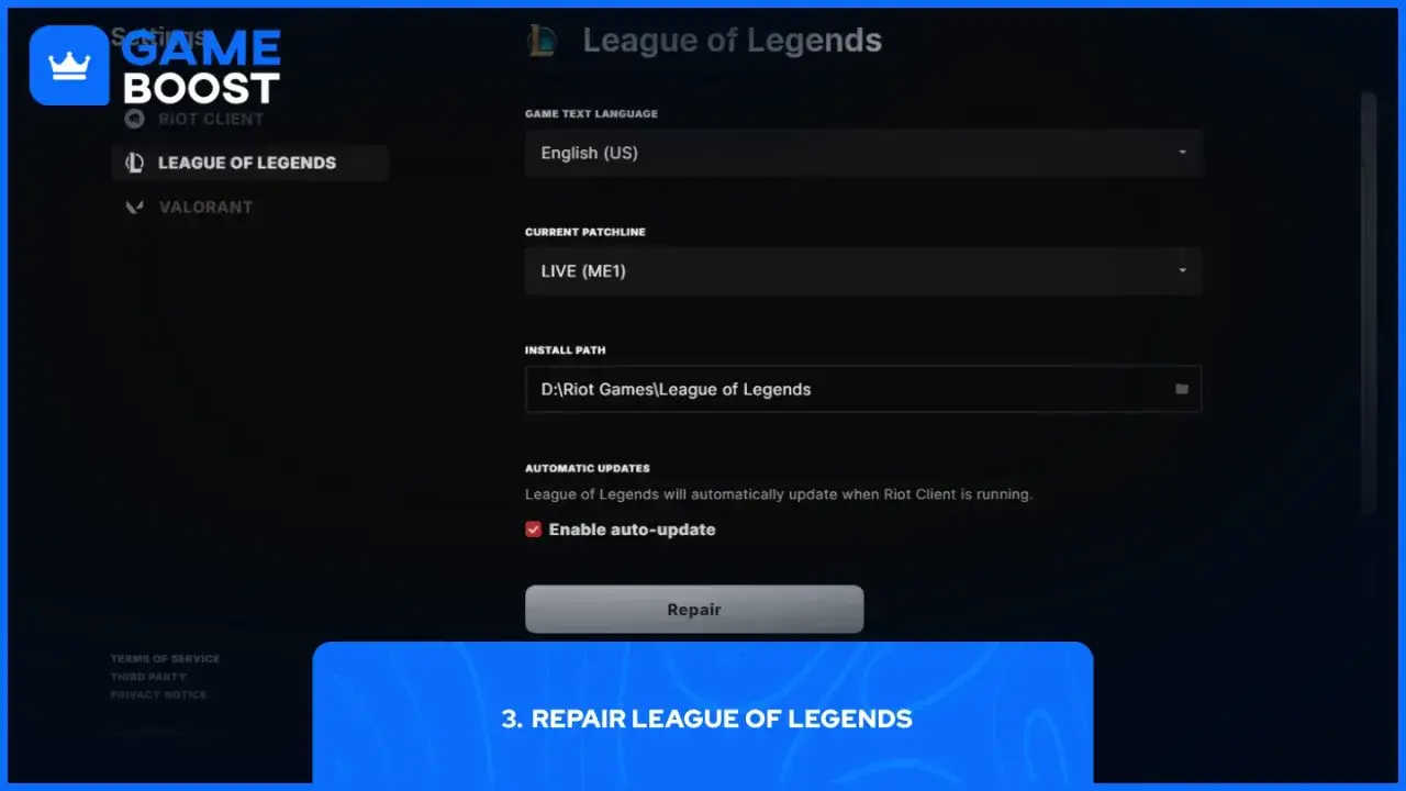 Ustawienia Riot Client: jak sprawdzić spójność plików League of Legends. Widoczny przycisk
