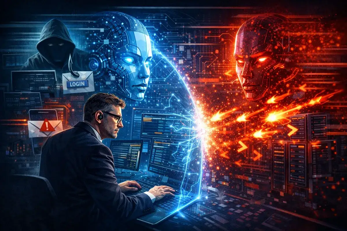 Cyberbezpieczeństwo: człowiek walczy z cyfrowym zagrożeniem. Co to znaczy digital? To świat danych, AI i ataków hakerów.