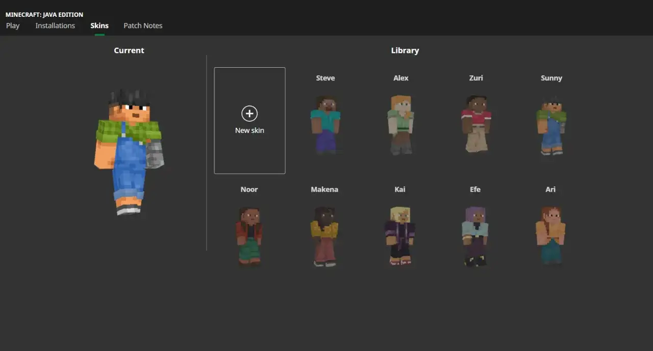 Ekran wyboru skórek w Minecraft Java Edition. Zobacz, jak zmienić skina w MC, wybierając spośród gotowych lub dodając nowy.