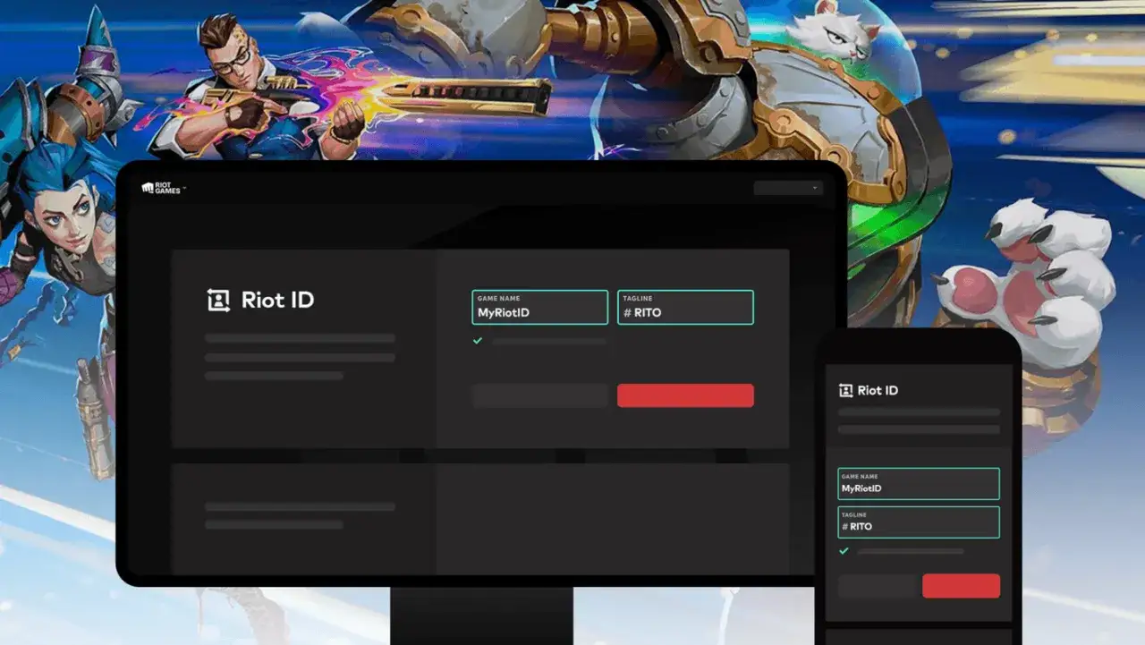 Interfejs Riot ID na monitorze i telefonie, pokazujący pola do zmiany nazwy gracza i tagu. Dowiedz się, jak zmienić język League of Legends.