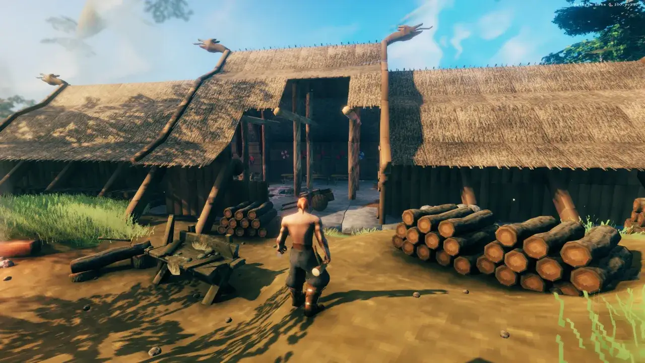 Wiking zbliża się do chaty w grze survivalowej, która oferuje wiele możliwości budowania, podobnych do Minecrafta.