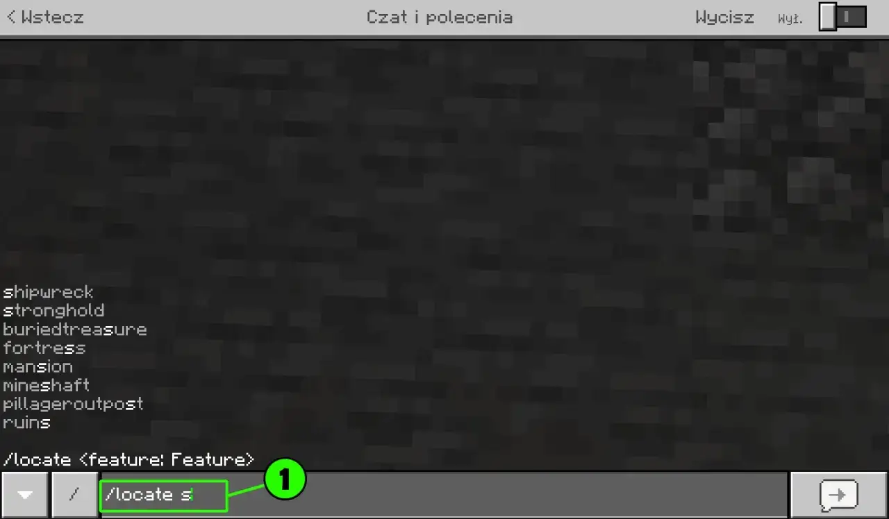 Wpisujesz komendę /locate s, szukając struktur w Minecraft. Dostępne są kody do Minecraft, np. stronghold, mansion.