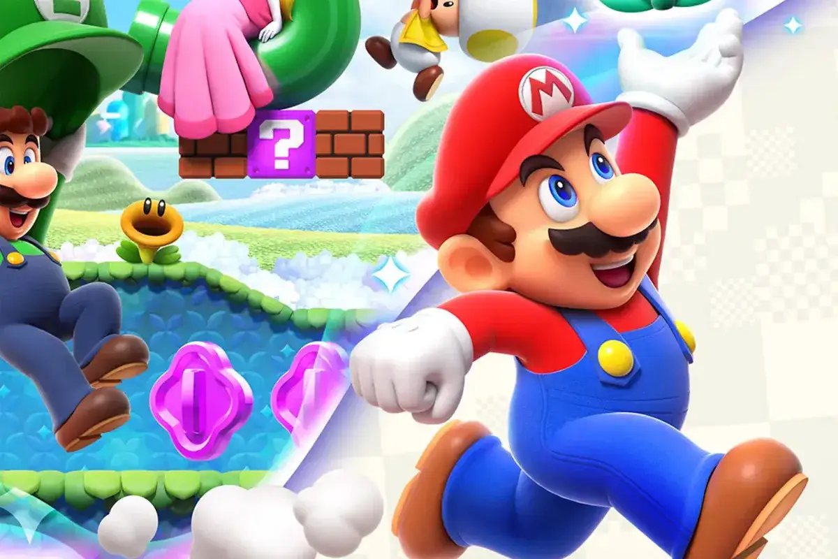Mario i Luigi biegną przez kolorowy świat w grze Mario Bros Wonder. Widoczne są fioletowe monety i znak zapytania.