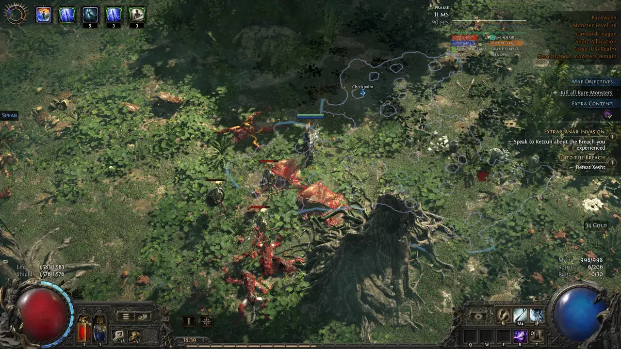 Gra Path of Exile z niskim FPS. Jak zwiększyć FPS na laptopie? Widać statystyki gry: 90 FPS, 11 ms, 7 ms CPU, 6 ms GPU.