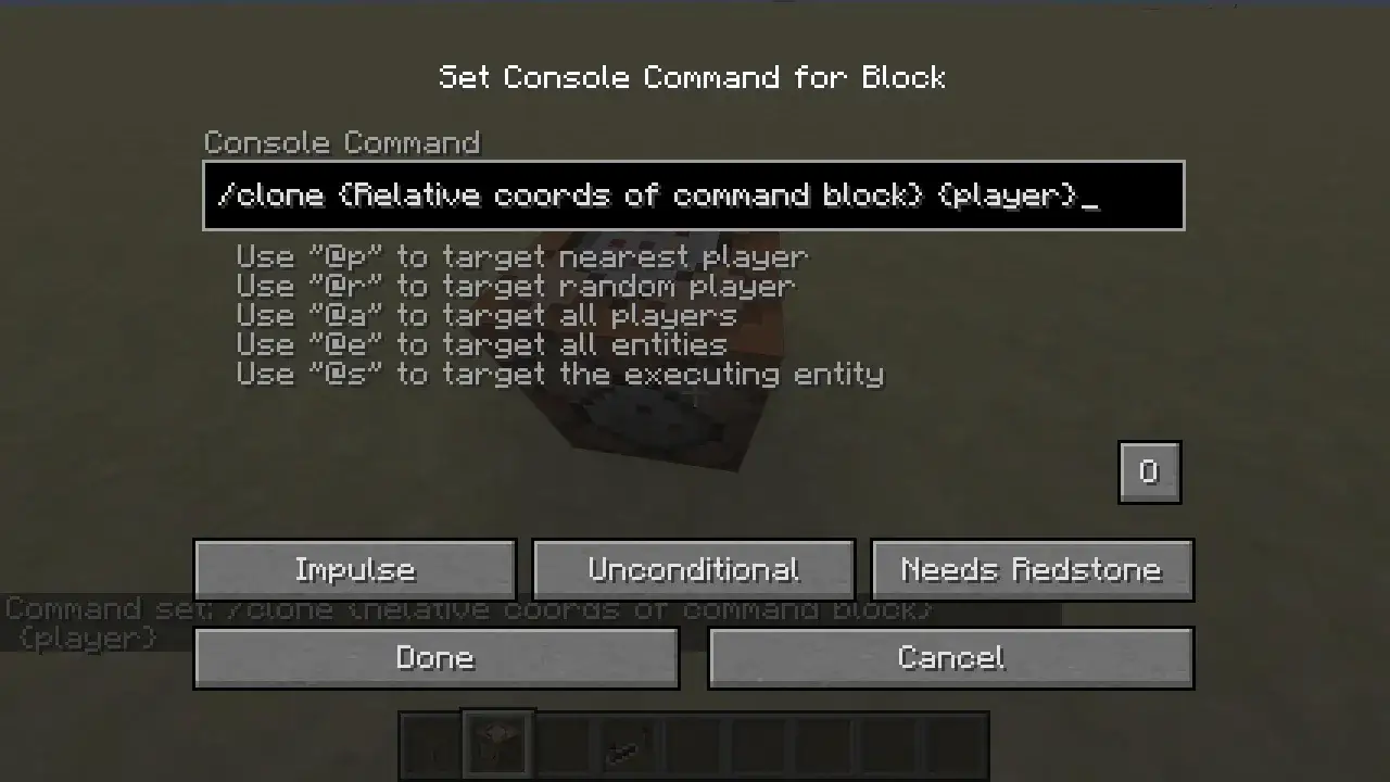 Ustawianie komendy /clone w Minecrafcie. Pozwala na kopiowanie bloków, przydatne do tworzenia skomplikowanych budowli i mechanizmów.
