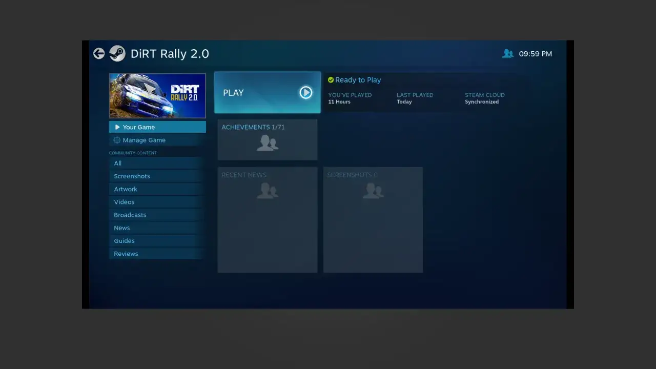 Ekran gry DiRT Rally 2.0 na Steam. Aby wyjść z trybu pełnoekranowego, naciśnij klawisz Esc.