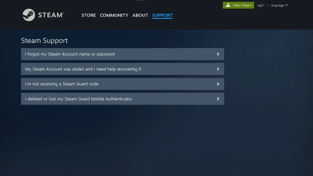 Strona pomocy Steam. Znajdź opcje jak odzyskać konto Steam, gdy zapomnisz hasła lub gdy konto zostanie skradzione.