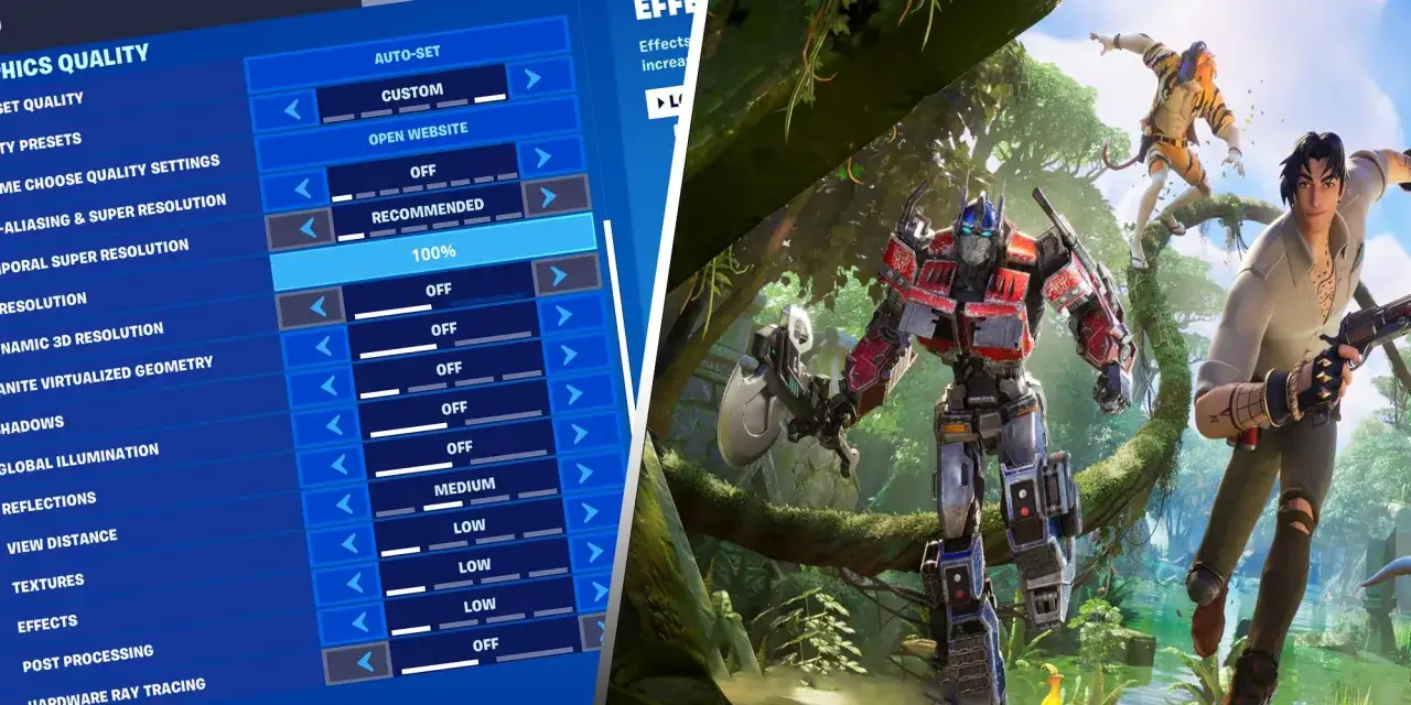 Ustawienia grafiki gry pokazują, jak mieć więcej FPS na laptopie, obniżając jakość detali. Optimus Prime i inni bohaterowie w tle.