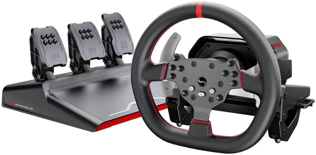 Profesjonalna kierownica do Xbox Series X z trzema pedałami, idealna do symulatorów wyścigów.