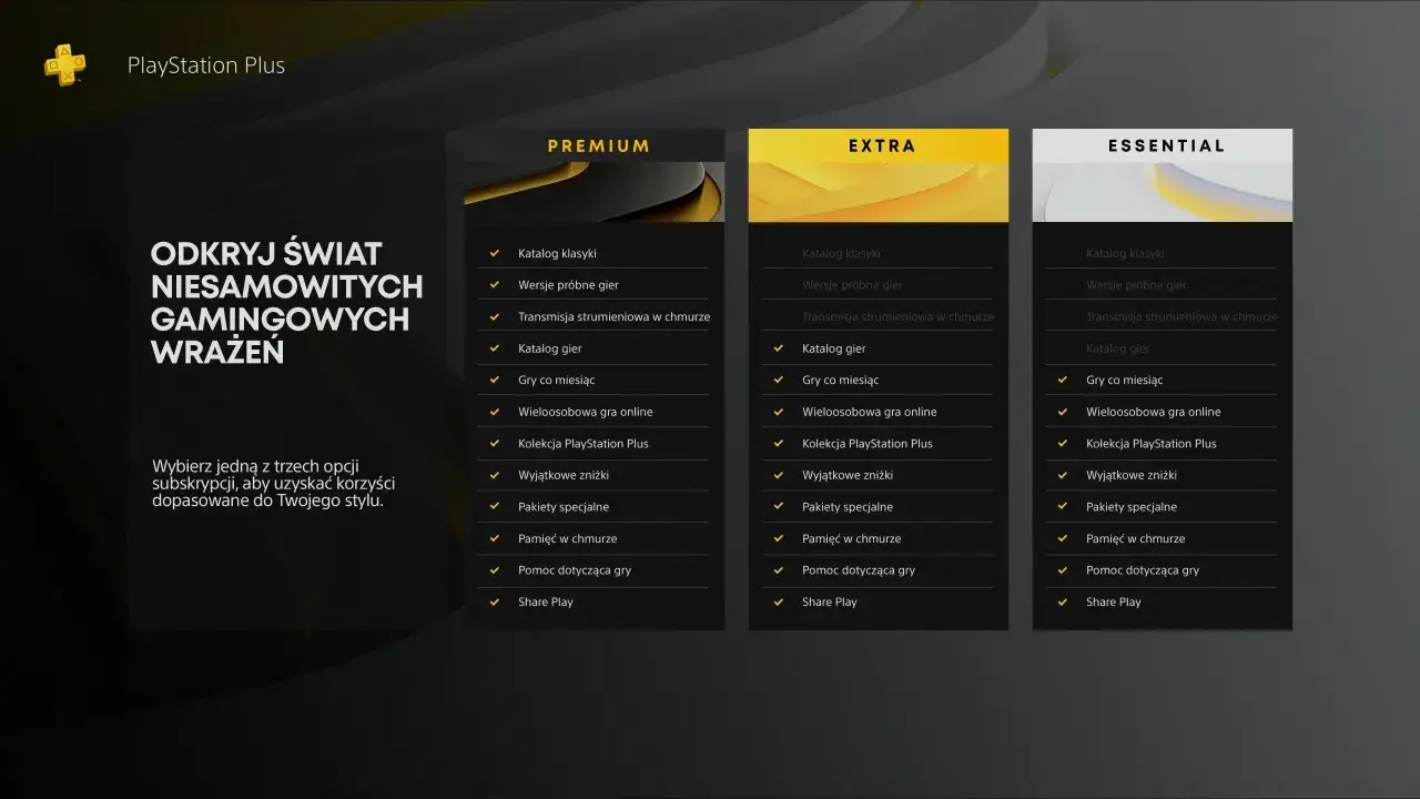 Porównanie planów PlayStation Plus: Essential, Extra i Premium. Odkryj świat niesamowitych wrażeń gamingowych z PS Plus Premium.