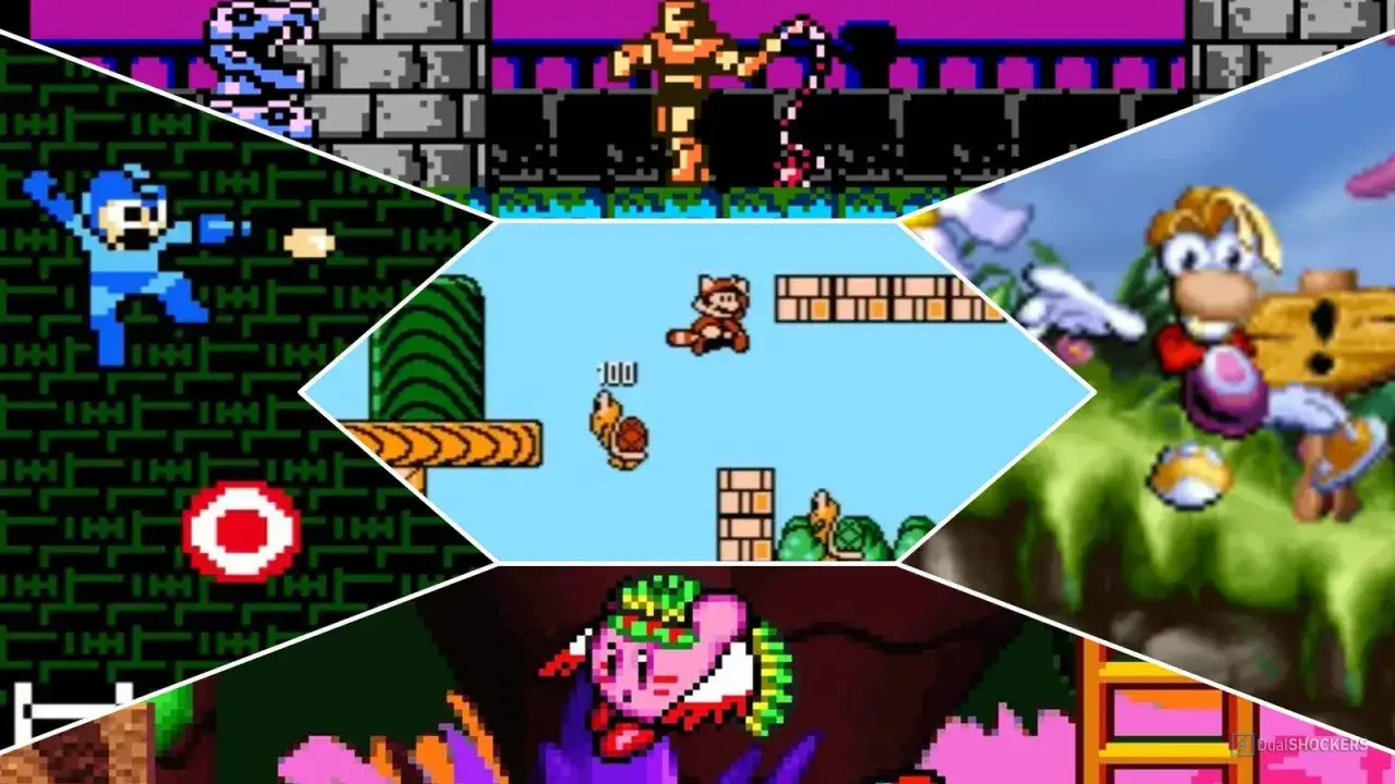 Kolaż z klasycznych gier: Mario skacze, Megaman strzela, Kirby i Rayman w akcji. Wiele emocji w gry online Mario!