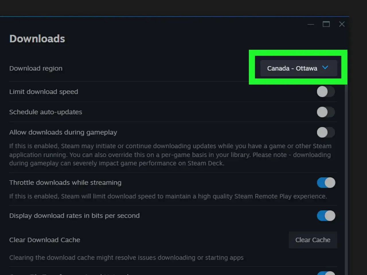 Ustawienia pobierania Steam. Region pobierania: Kanada - Ottawa. Może to być powód, dlaczego Steam nie chce się włączyć.