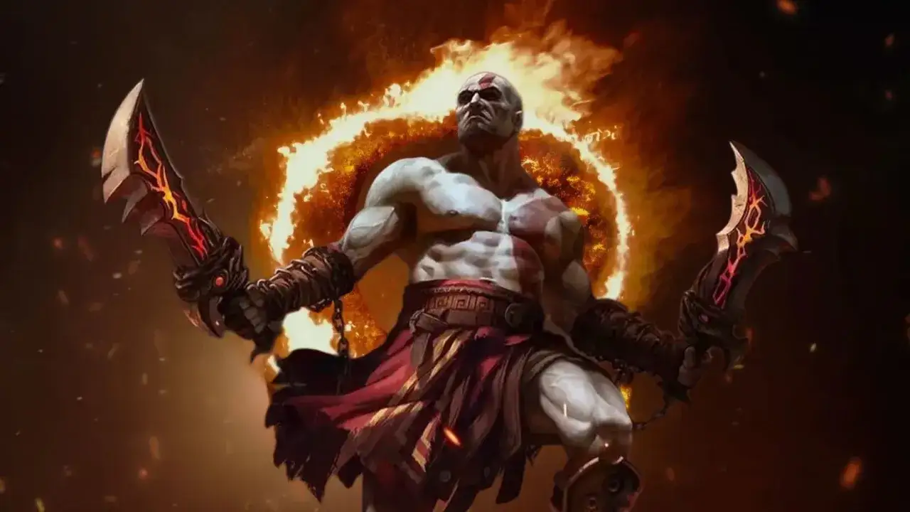 Kratos z płonącymi ostrzami, otoczony ogniem, w epickiej scenie god of war remake.