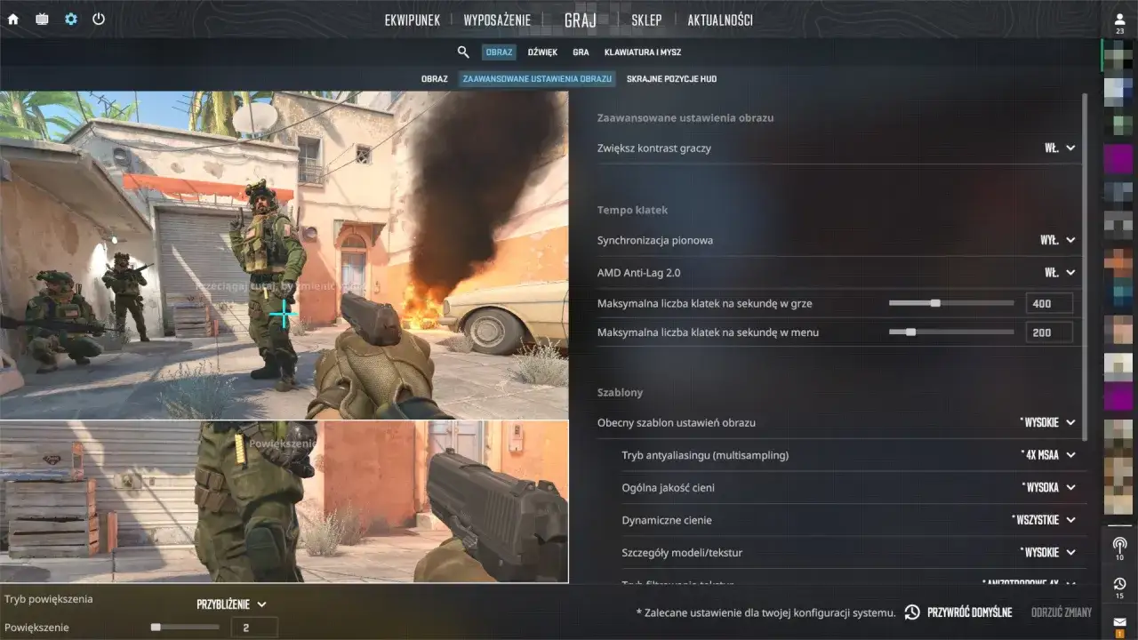 Ustawienia gry pokazują, jak zwiększyć FPS w laptopie. Widoczne opcje to m.in.