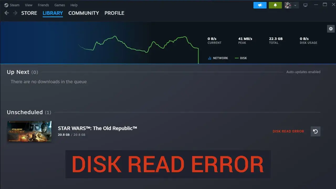 Błąd zapisu na dysku Steam podczas instalacji gry Star Wars: The Old Republic.