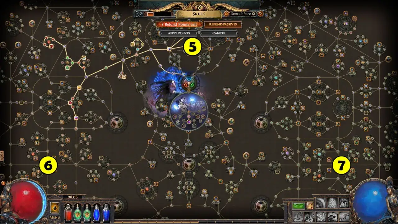 Drzewko umiejętności w Path of Exile po polsku. Widoczne punkty, opcje i ikony postaci.