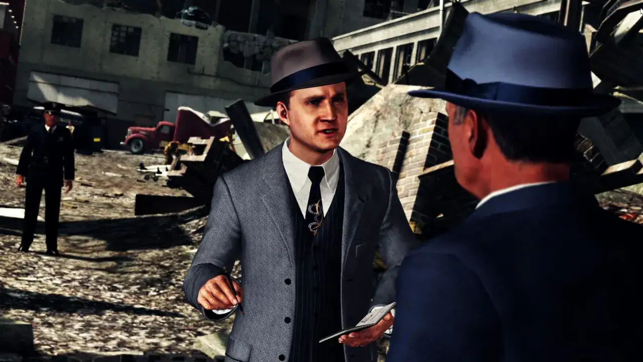 Detektywi w garniturach i kapeluszach badają miejsce zniszczeń. To scena z gry L.A. Noire, która doczekała się polskiego spolszczenia.