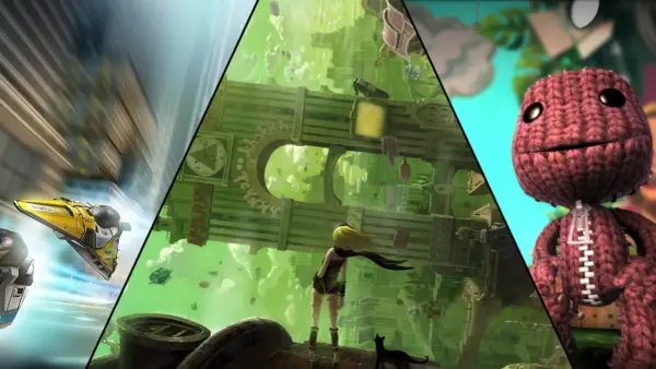 Kolaż z grafikami z gier: szybki pojazd, dziewczyna w zielonym mieście i Sackboy. To zapowiedź najlepszych gier PSP!