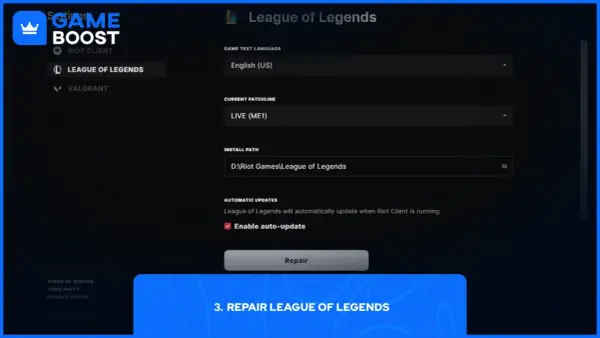 Ustawienia klienta Riot Games: jak sprawdzić spójność plików League of Legends. Widoczny przycisk "Repair" do naprawy gry.