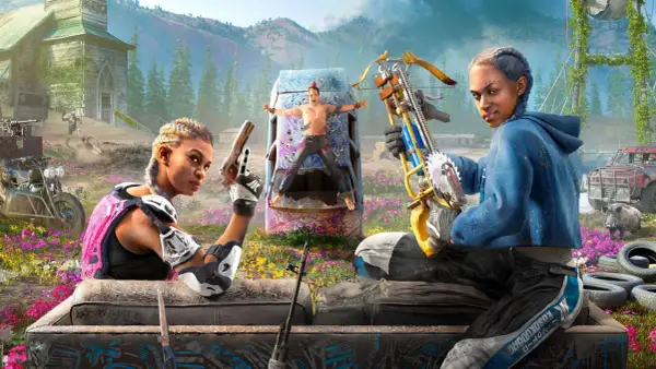 Dwie kobiety z bronią w ręku, w tle przywiązany mężczyzna i kościół. Scena z gry Far Cry New Dawn.