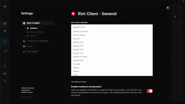 Ustawienia klienta Riot, gdzie można zmienić język gry, np. jak zmienić język League of Legends na polski.