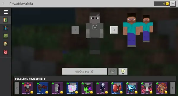 Przymierzanie skina w grze Minecraft. Zobacz, jak ustawić skina na TLauncher, wybierając spośród dostępnych postaci i przedmiotów.