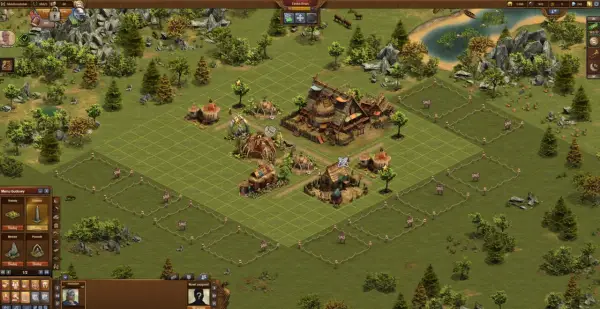 Wioska w grze Forge of Empires, z chatami i budynkami z epoki brązu, otoczona zielenią i stawem.